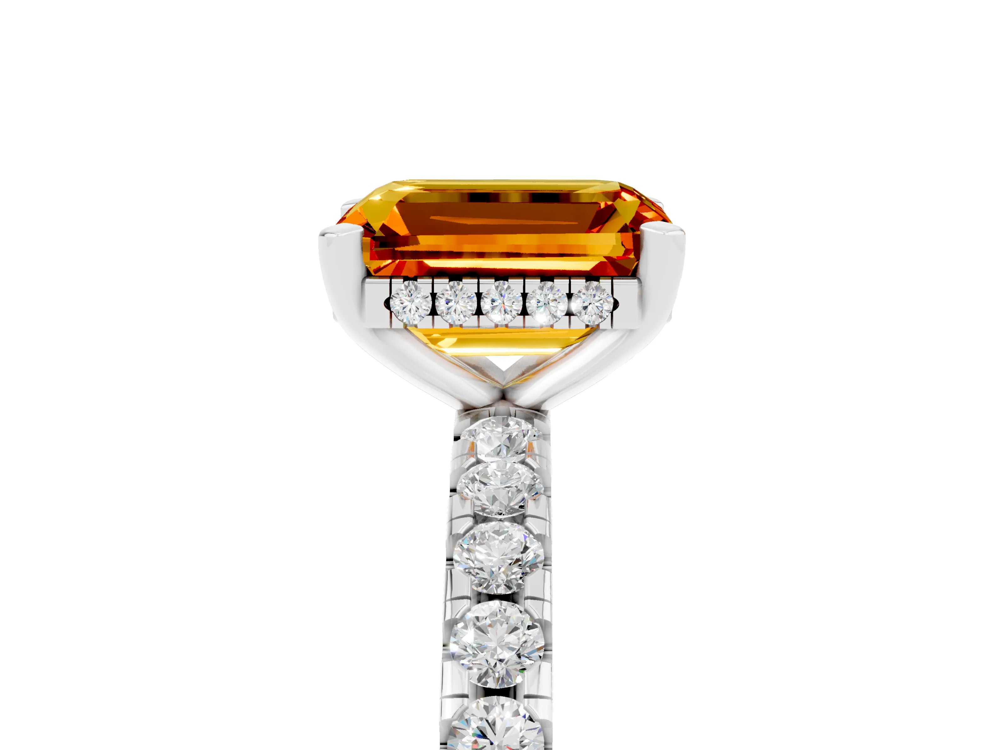 White gold Emerald Cut Citrine Solitaire Ring with Pavé Band and Four-Prong Setting_29