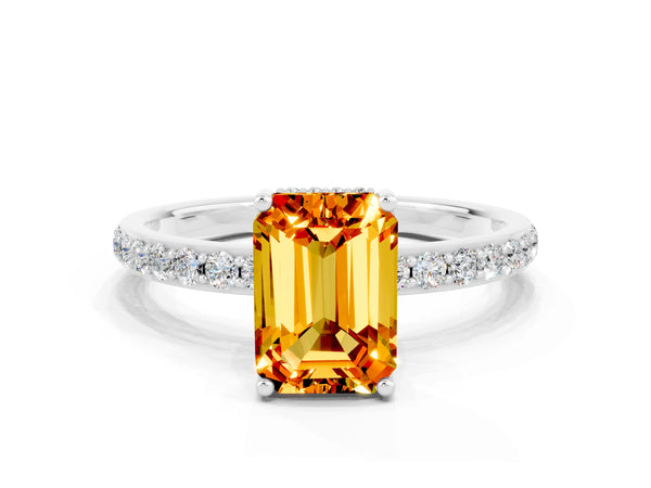 Silver Emerald Cut Citrine Solitaire Ring with Pavé Band and Hidden Halo