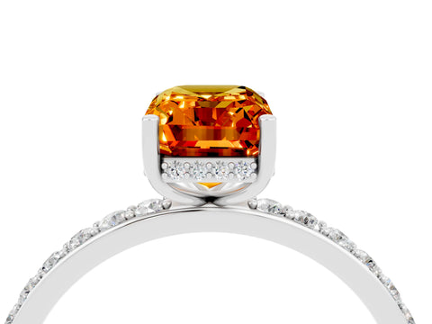 White gold Emerald Cut Citrine Solitaire Ring with Pavé Band and Hidden Halo_37