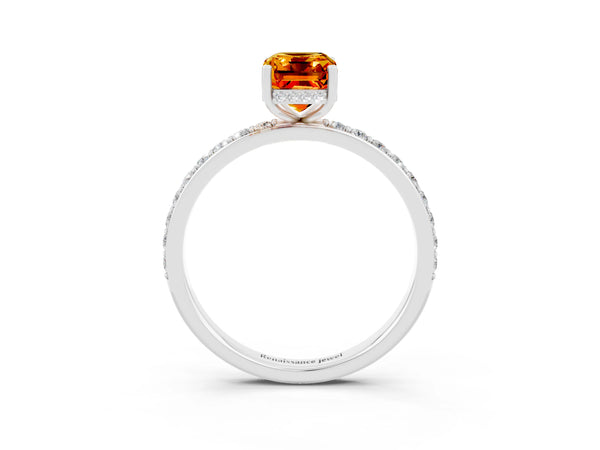 Platinum Emerald Cut Citrine Solitaire Ring with Pavé Band and Hidden Halo