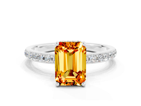 White gold Emerald Cut Citrine Solitaire Ring with Pavé Band and Hidden Halo_54
