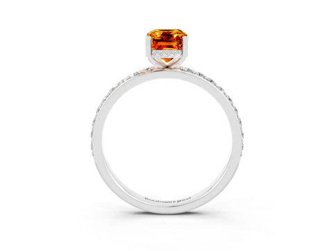 White gold Emerald Cut Citrine Solitaire Ring with Pavé Band and Hidden Halo_57