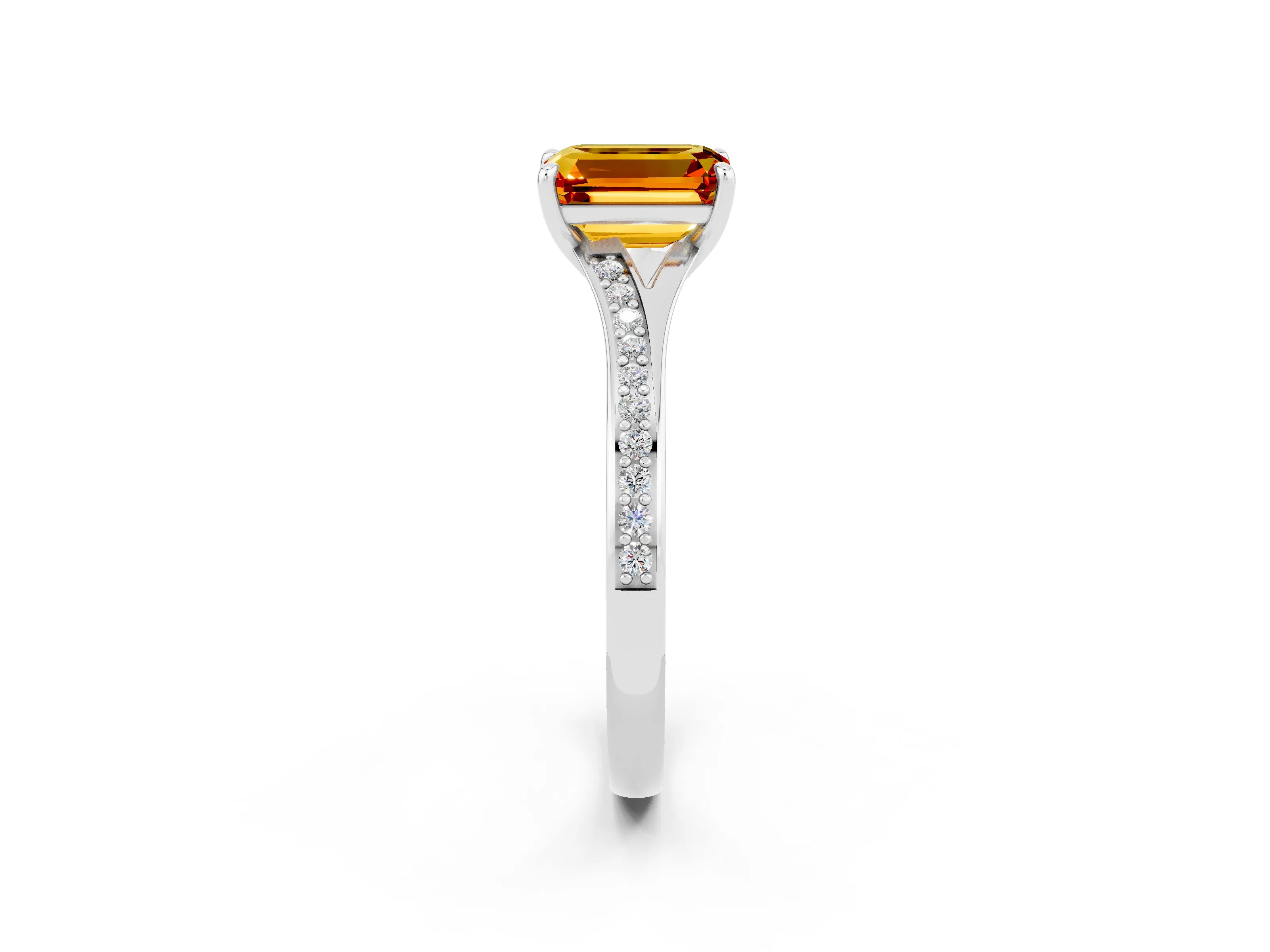 White gold Emerald Cut Citrine Solitaire Ring with Pavé Band and Prong Setting_2