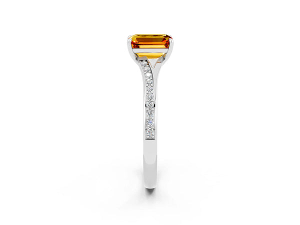 Silver Emerald Cut Citrine Solitaire Ring with Pavé Band and Prong Setting