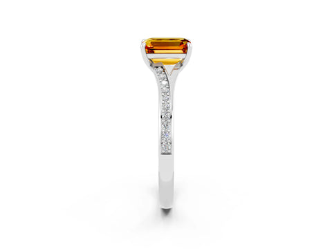 White gold Emerald Cut Citrine Solitaire Ring with Pavé Band and Prong Setting_2
