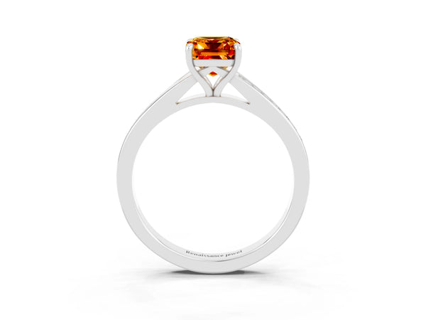 White gold Emerald Cut Citrine Solitaire Ring with Pavé Band and Prong Setting