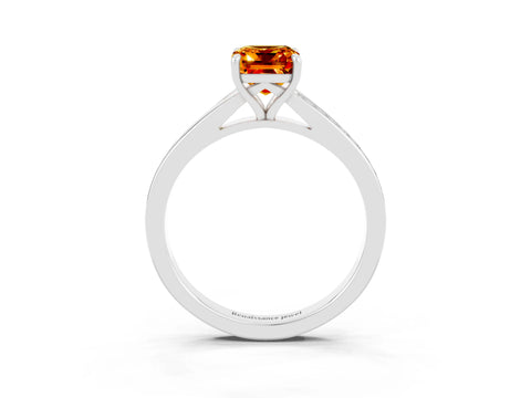 White gold Emerald Cut Citrine Solitaire Ring with Pavé Band and Prong Setting_3