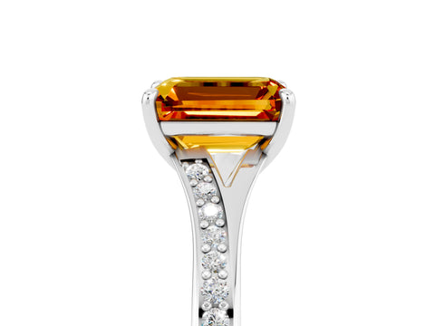 White gold Emerald Cut Citrine Solitaire Ring with Pavé Band and Prong Setting_41