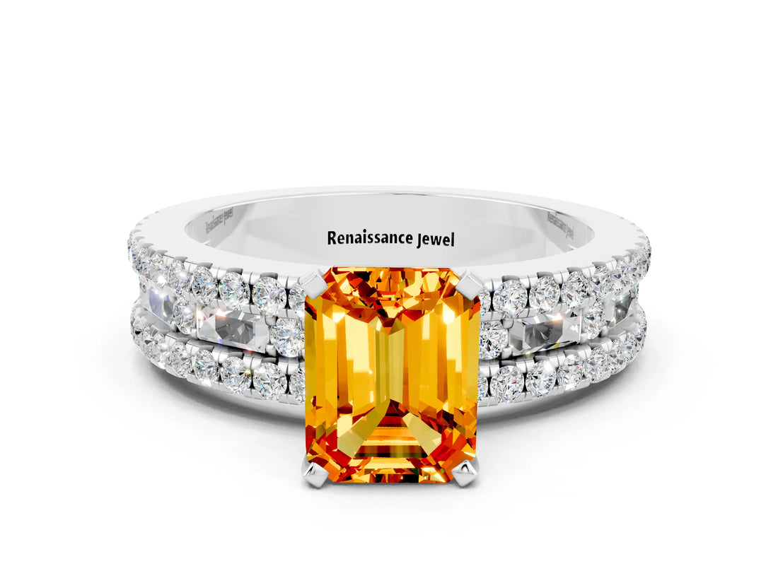 White gold Emerald Cut Citrine Solitaire Ring with Pavé and Channel Set Band