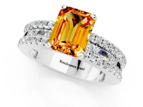 White gold Emerald Cut Citrine Solitaire Ring with Pavé and Channel Set Band_1