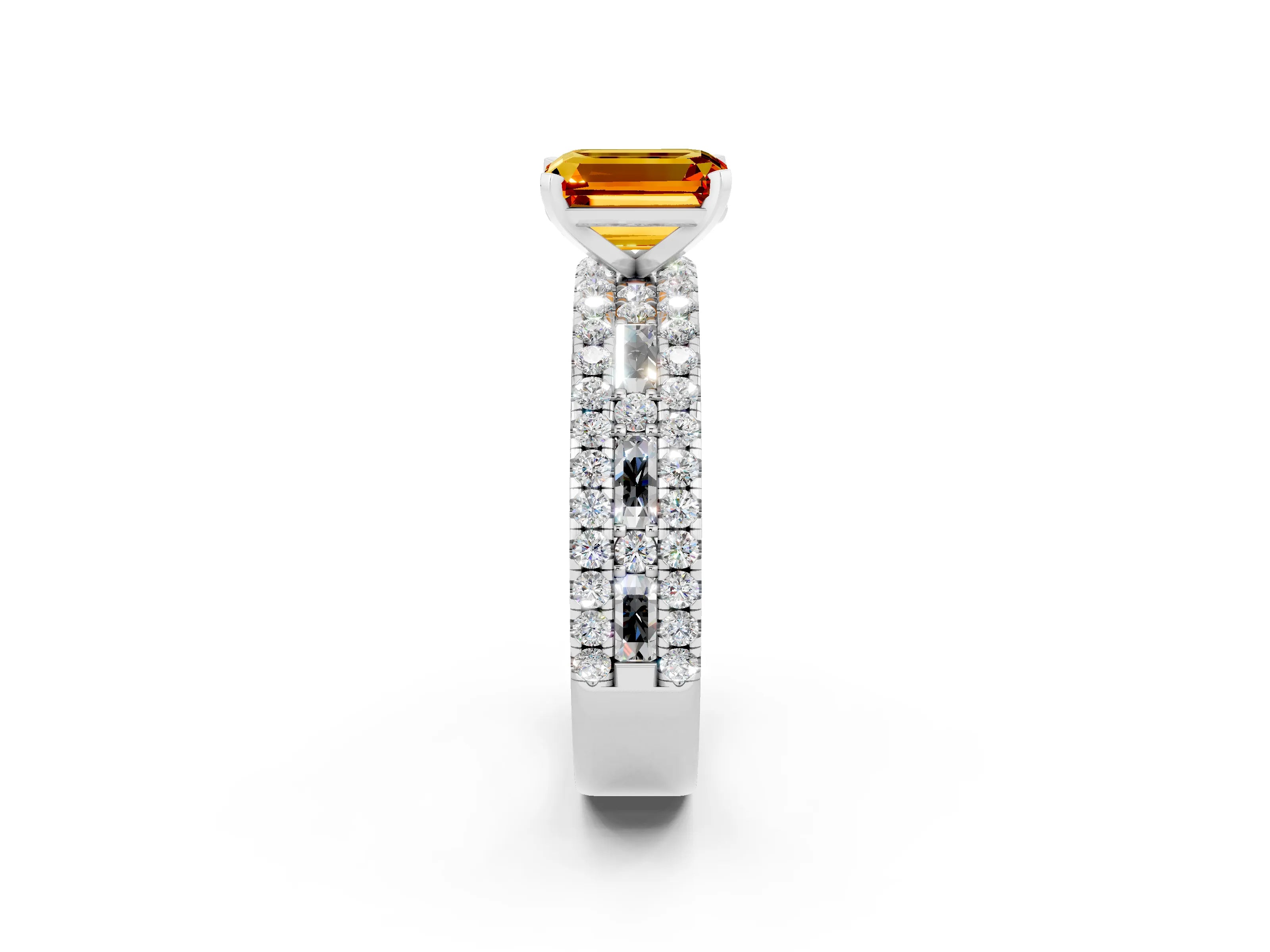 White gold Emerald Cut Citrine Solitaire Ring with Pavé and Channel Set Band_2