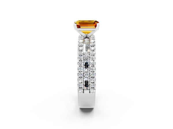 White gold Emerald Cut Citrine Solitaire Ring with Pavé and Channel Set Band