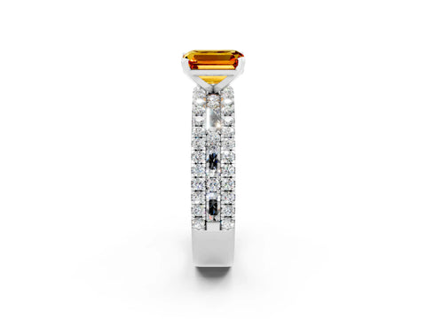 White gold Emerald Cut Citrine Solitaire Ring with Pavé and Channel Set Band_2
