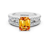 White gold Emerald Cut Citrine Solitaire Ring with Pavé and Channel Set Band