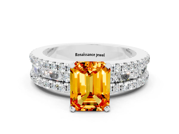 White gold Emerald Cut Citrine Solitaire Ring with Pavé and Channel Set Band