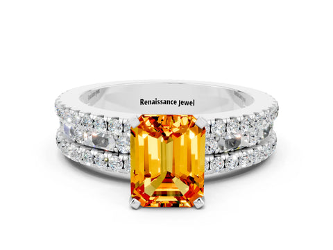 White gold Emerald Cut Citrine Solitaire Ring with Pavé and Channel Set Band
