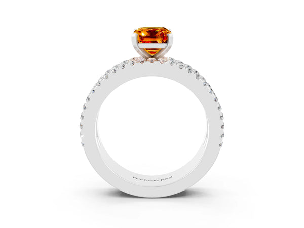 Silver Emerald Cut Citrine Solitaire Ring with Pavé and Channel Set Band