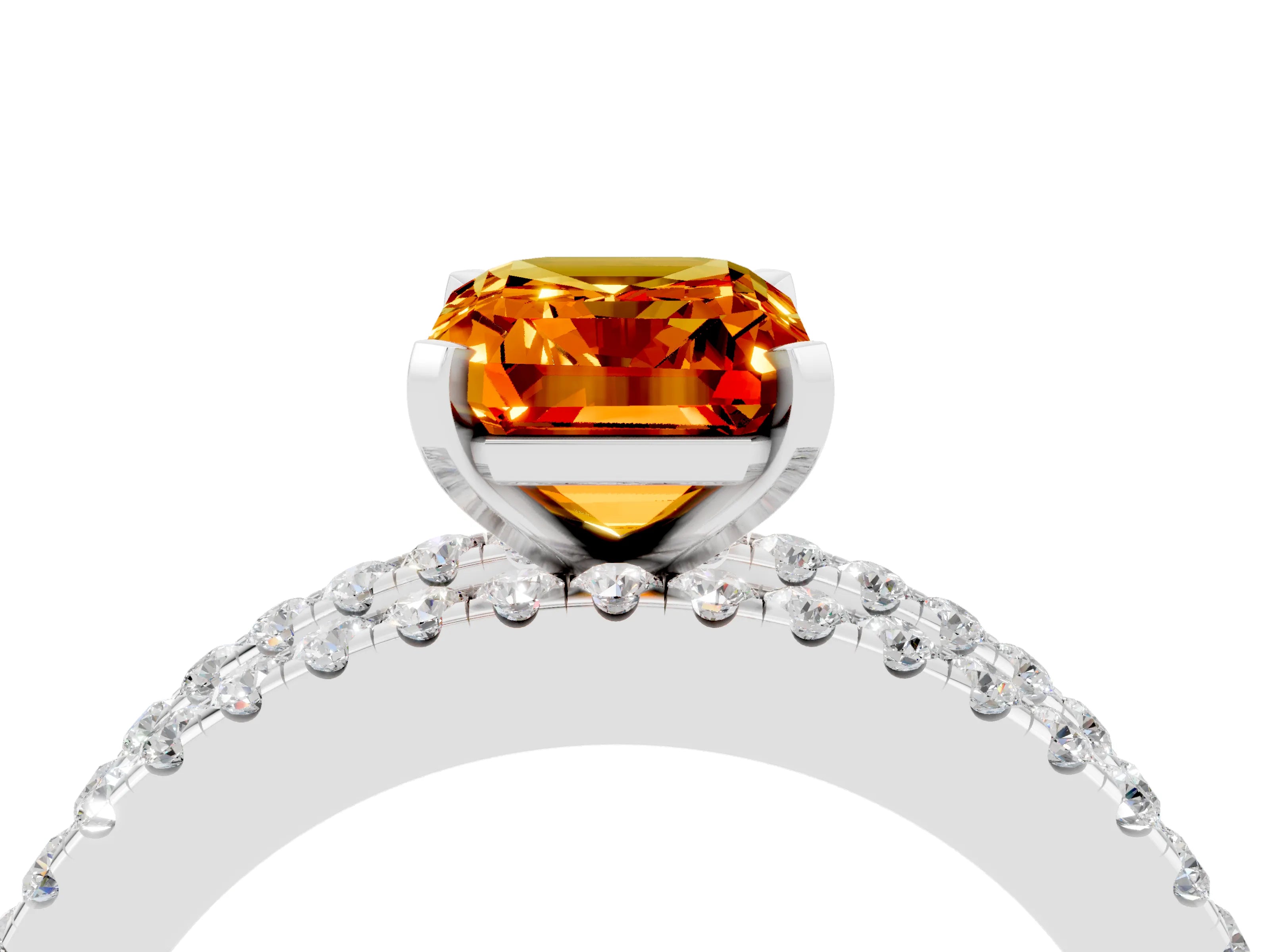 White gold Emerald Cut Citrine Solitaire Ring with Pavé and Channel Set Band_4