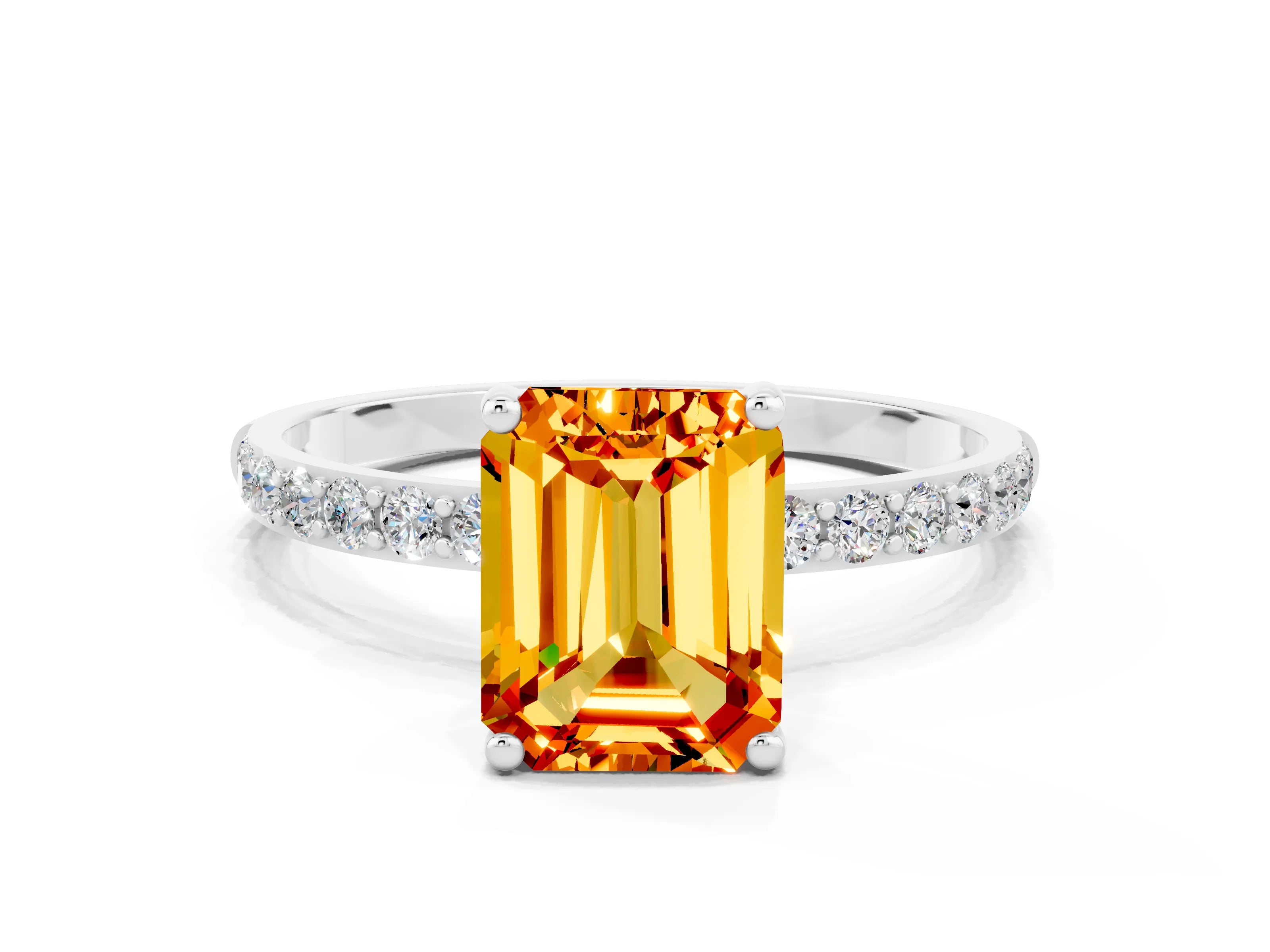 White gold Emerald Cut Citrine Solitaire Ring with Pave Band and Four Prong Setting_24