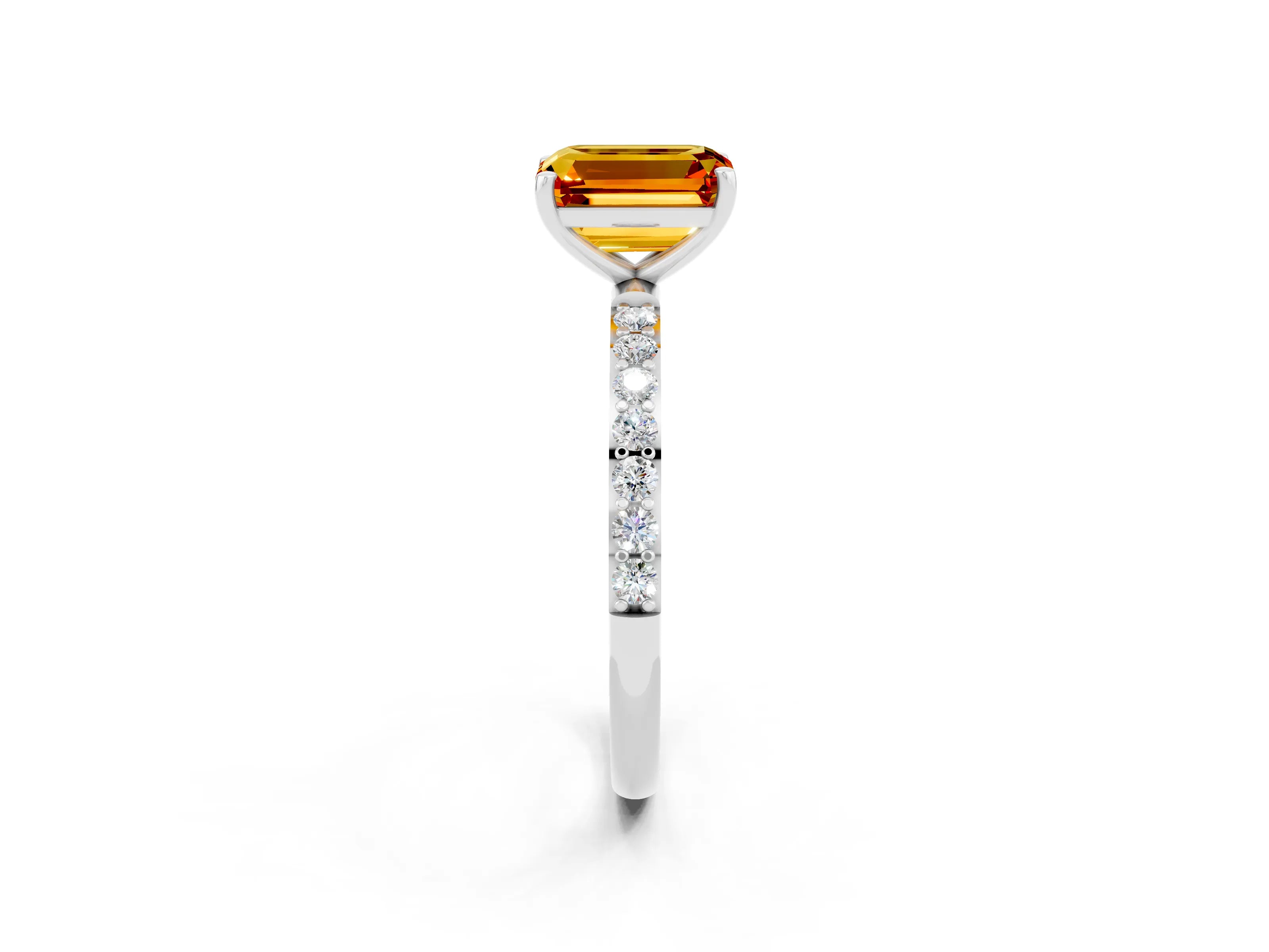 White gold Emerald Cut Citrine Solitaire Ring with Pave Band and Four Prong Setting_26