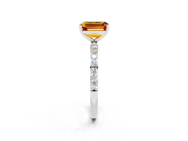 White gold Emerald Cut Citrine Solitaire Ring with Round  Pavé Band and Prong Setting