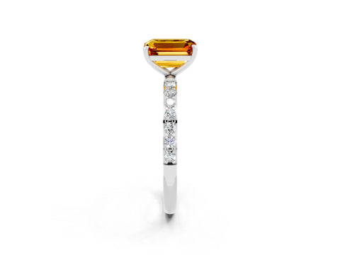 White gold Emerald Cut Citrine Solitaire Ring with Pave Band and Four Prong Setting_26