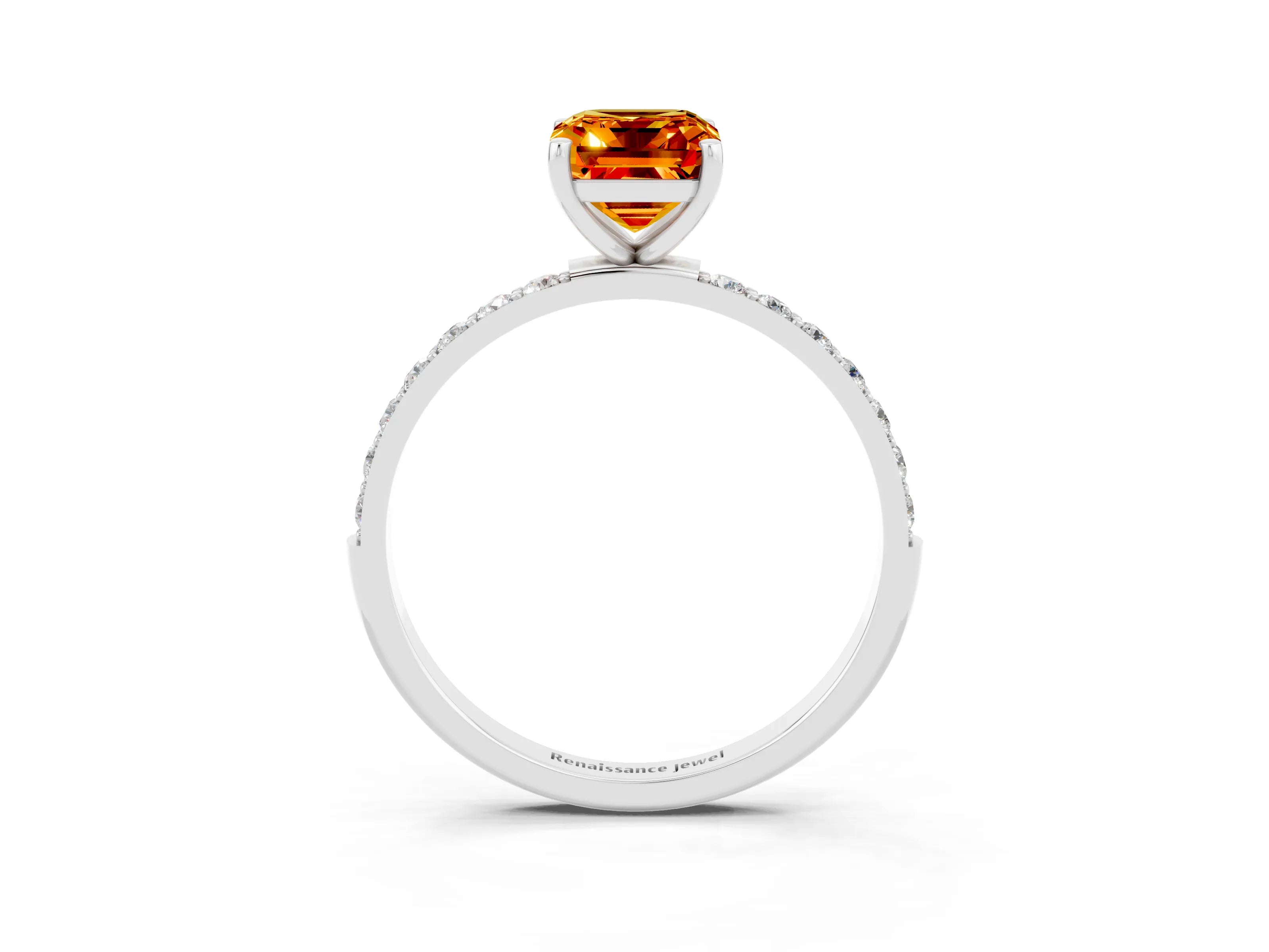 White gold Emerald Cut Citrine Solitaire Ring with Pave Band and Four Prong Setting_27