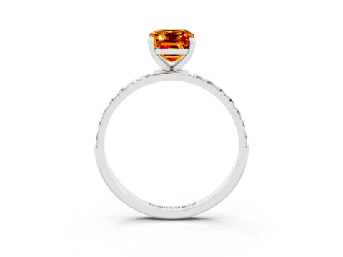 White gold Emerald Cut Citrine Solitaire Ring with Pave Band and Four Prong Setting_27
