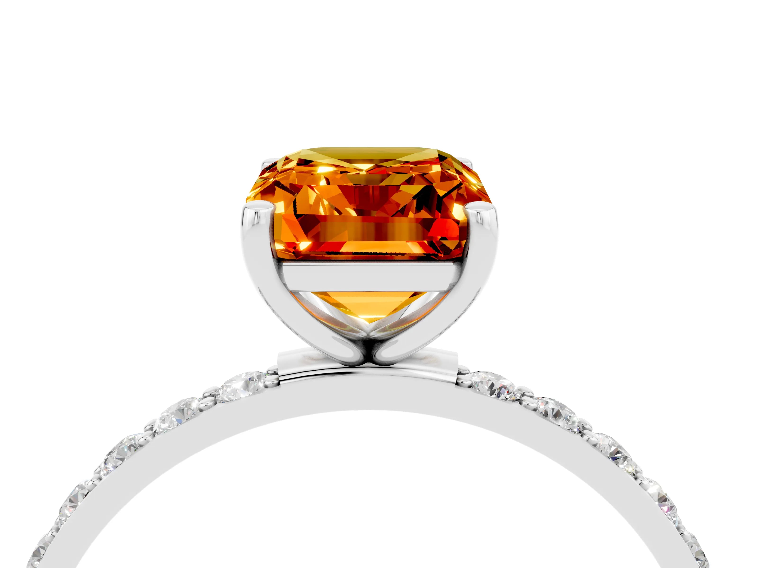 White gold Emerald Cut Citrine Solitaire Ring with Pave Band and Four Prong Setting_28
