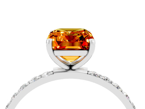 White gold Emerald Cut Citrine Solitaire Ring with Pave Band and Four Prong Setting_28