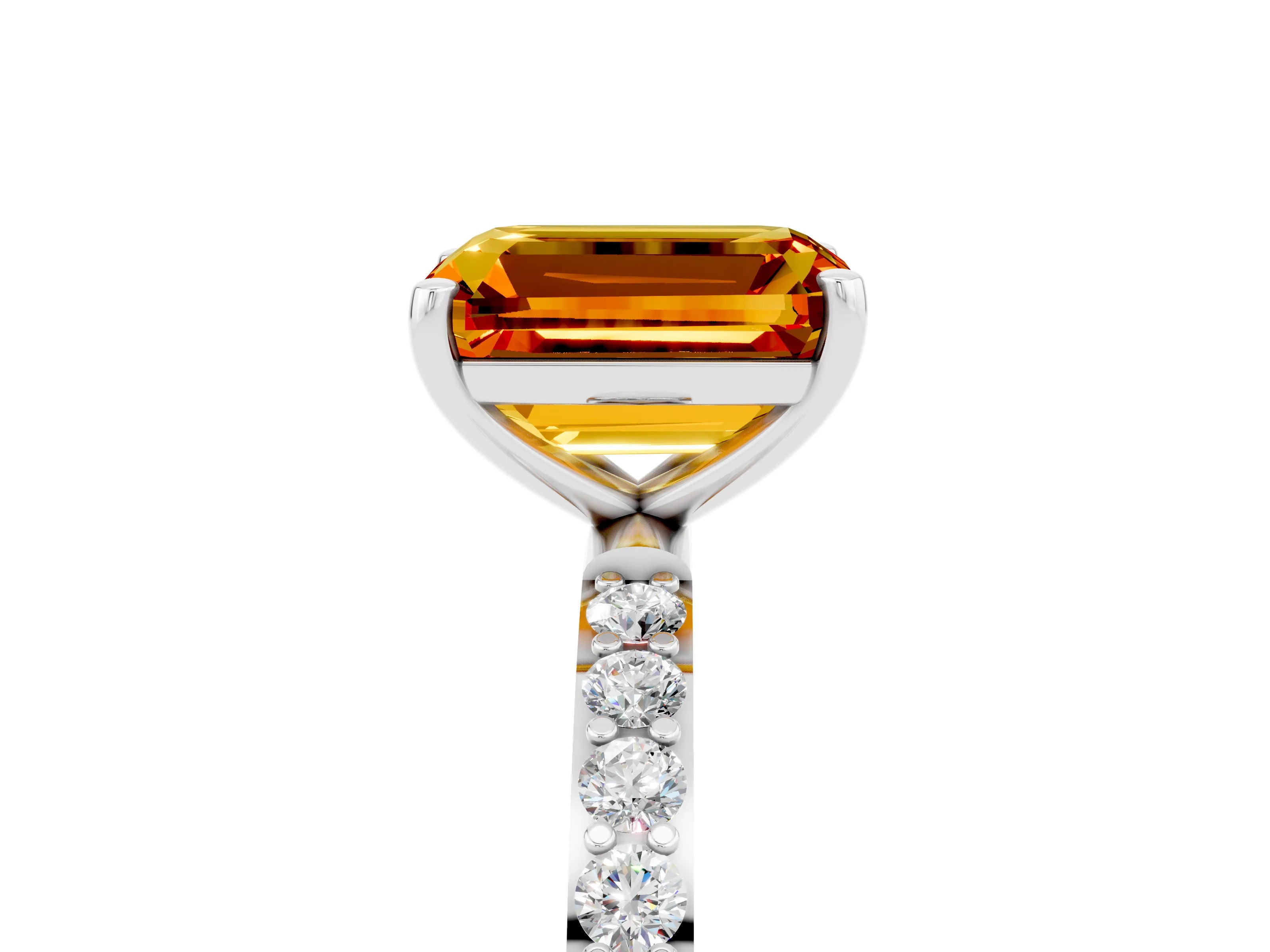 White gold Emerald Cut Citrine Solitaire Ring with Pave Band and Four Prong Setting_29