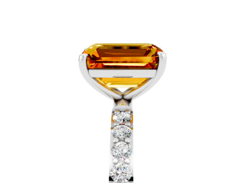 White gold Emerald Cut Citrine Solitaire Ring with Pave Band and Four Prong Setting_29