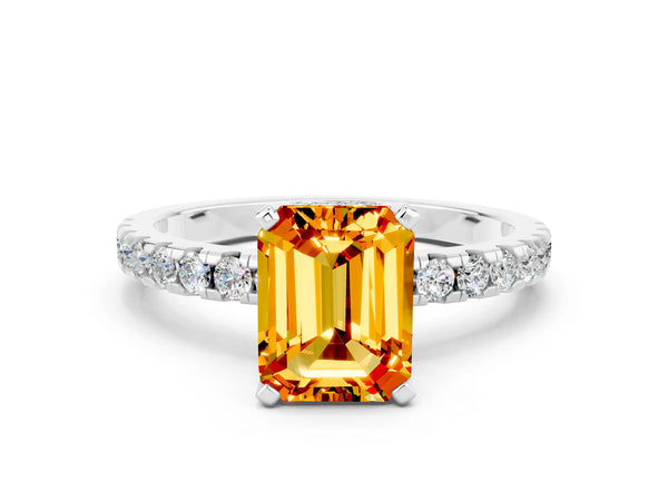 White gold Emerald Cut Citrine Solitaire Ring with Round  Pavé Band and Four-Prong Setting