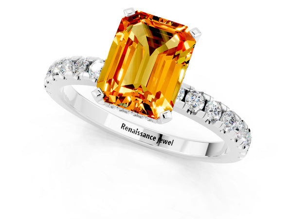 White gold Emerald Cut Citrine Solitaire Ring with Round  Pavé Band and Four-Prong Setting