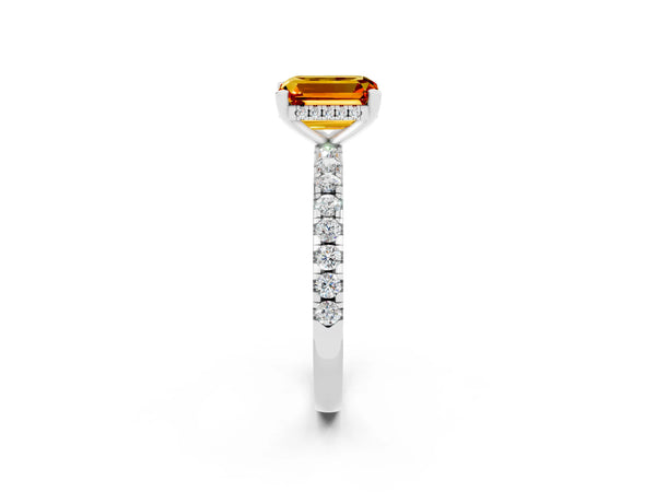 White gold Emerald Cut Citrine Solitaire Ring with Round  Pavé Band and Four-Prong Setting