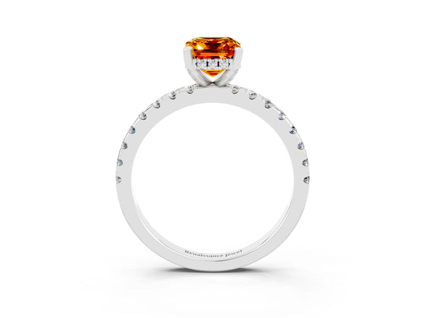 White gold Emerald Cut Citrine Solitaire Ring with Round  Pavé Band and Four-Prong Setting