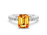 White gold Emerald Cut Citrine Solitaire Ring with Round  Pavé Band and Four-Prong Setting_60