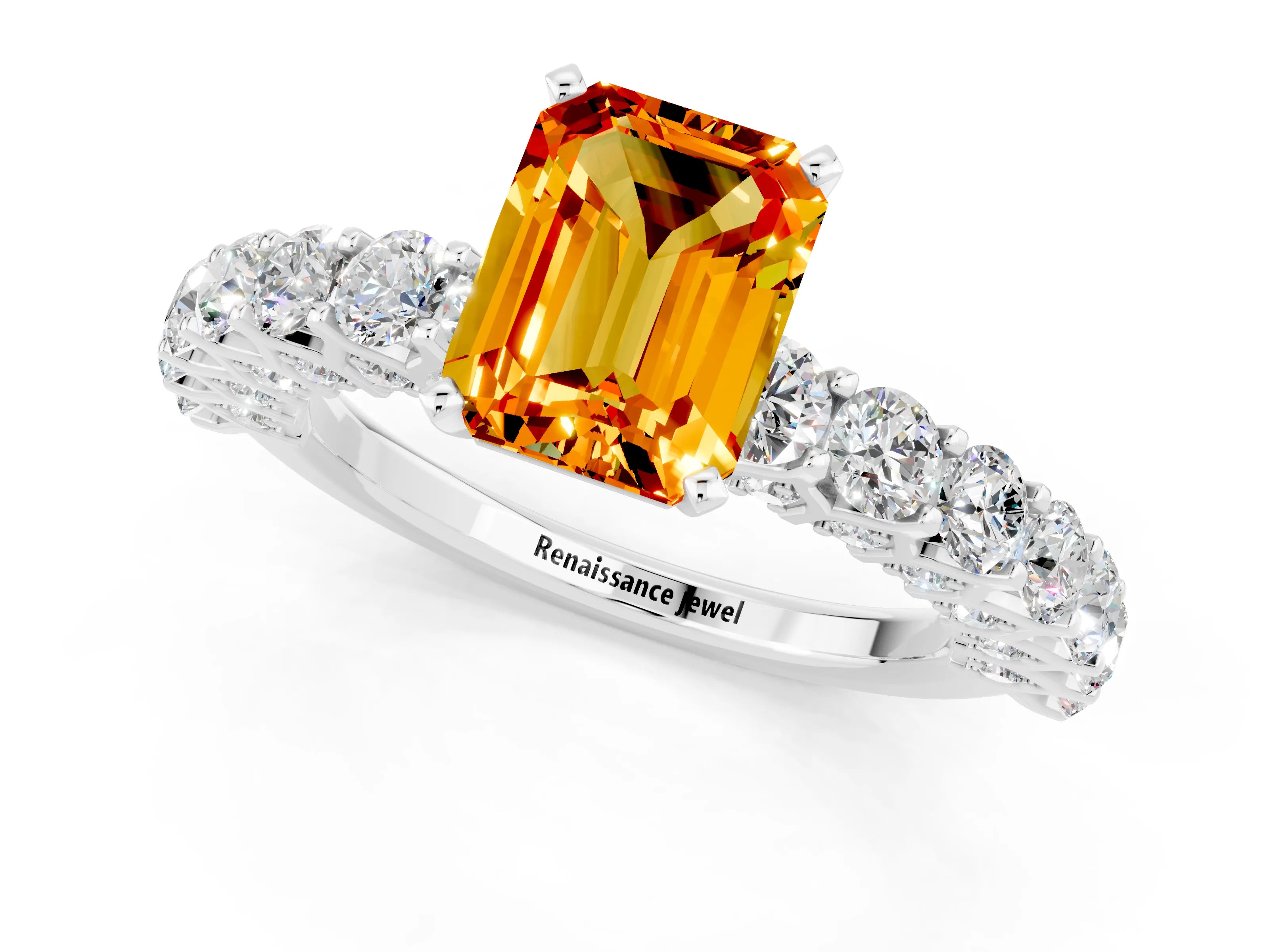 White gold Emerald Cut Citrine Solitaire Ring with Shared Prong Pavé Band and Four-Prong Setting_1