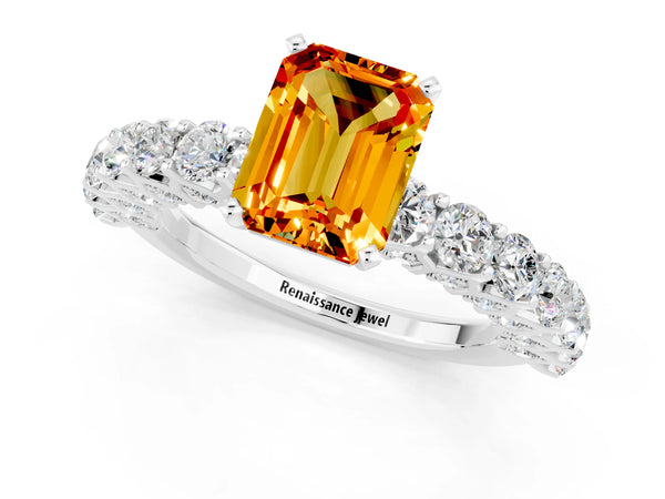 White gold Emerald Cut Citrine Solitaire Ring with Shared Prong Pavé Band and Four-Prong Setting