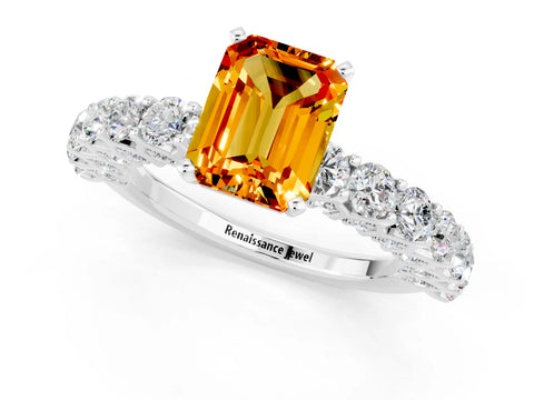 White gold Emerald Cut Citrine Solitaire Ring with Shared Prong Pavé Band and Four-Prong Setting_1