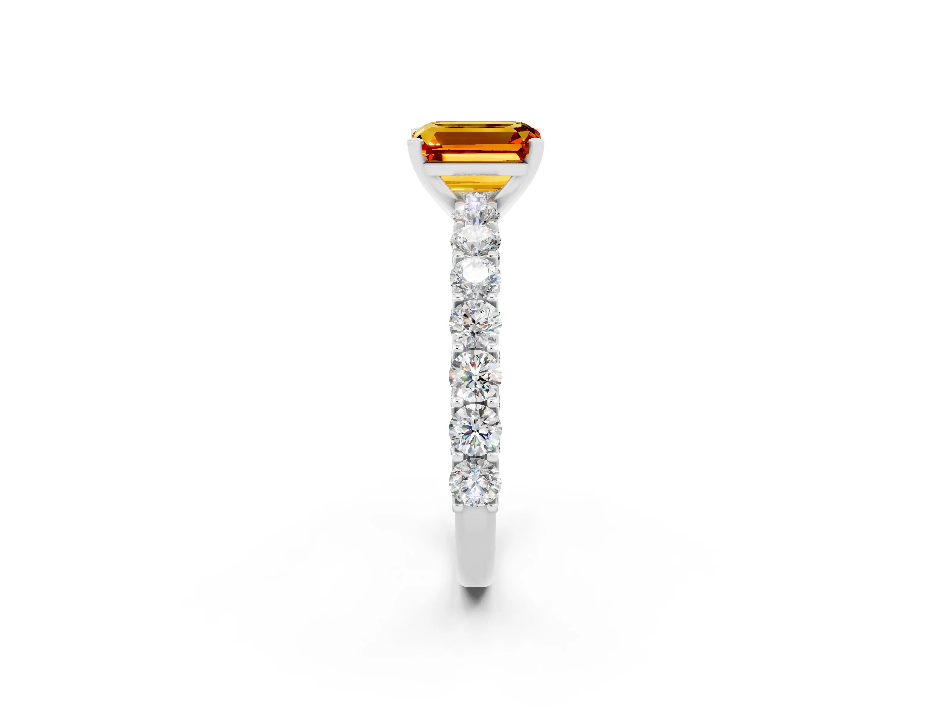 White gold Emerald Cut Citrine Solitaire Ring with Shared Prong Pavé Band and Four-Prong Setting_2