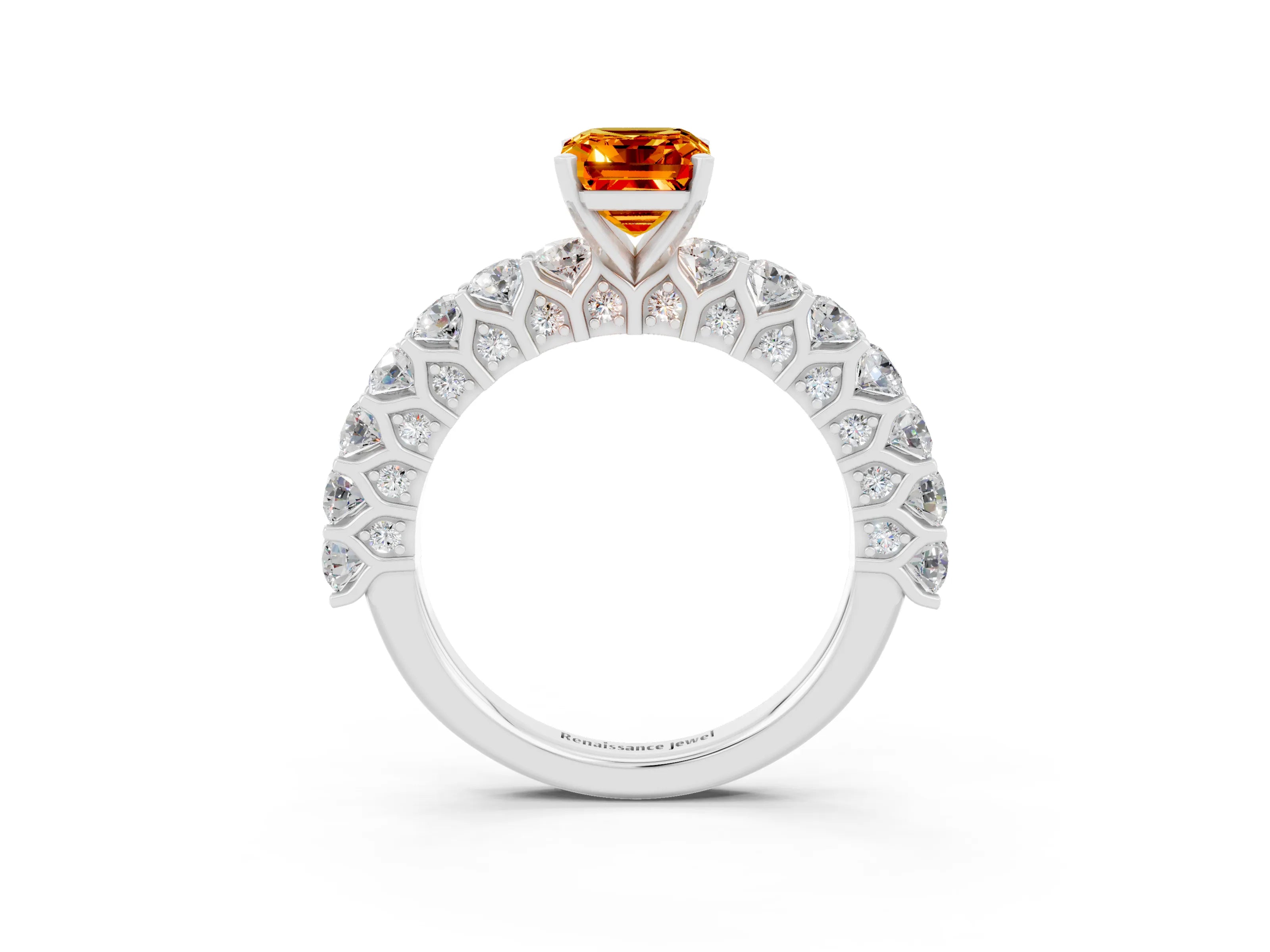 White gold Emerald Cut Citrine Solitaire Ring with Shared Prong Pavé Band and Four-Prong Setting_3
