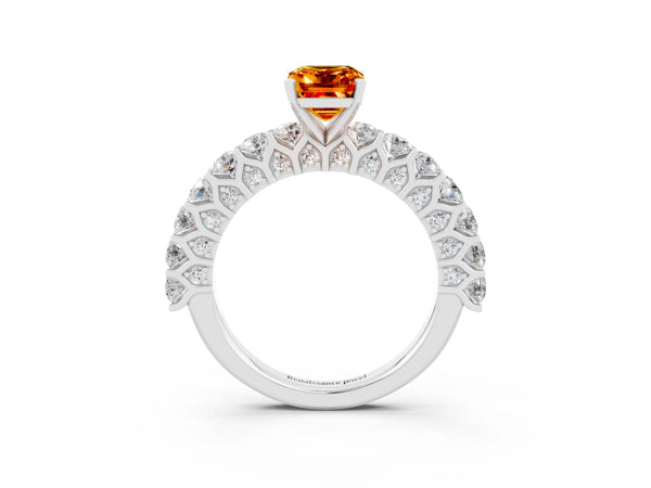 Silver Emerald Cut Citrine Solitaire Ring with Shared Prong Pavé Band and Four-Prong Setting