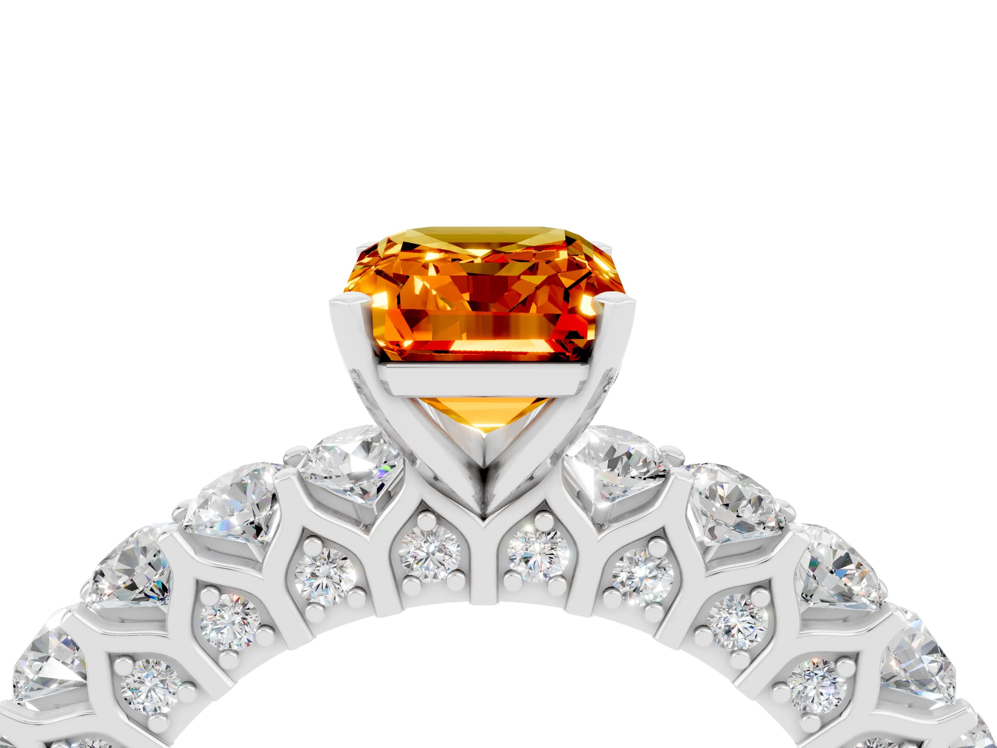 White gold Emerald Cut Citrine Solitaire Ring with Shared Prong Pavé Band and Four-Prong Setting_4