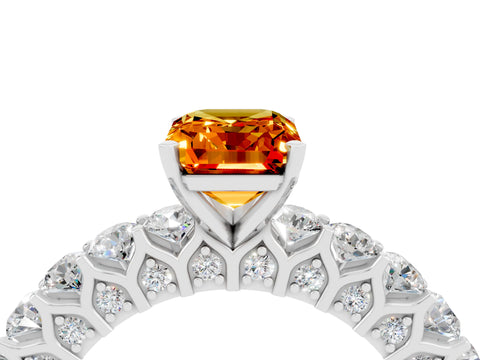 White gold Emerald Cut Citrine Solitaire Ring with Shared Prong Pavé Band and Four-Prong Setting_4