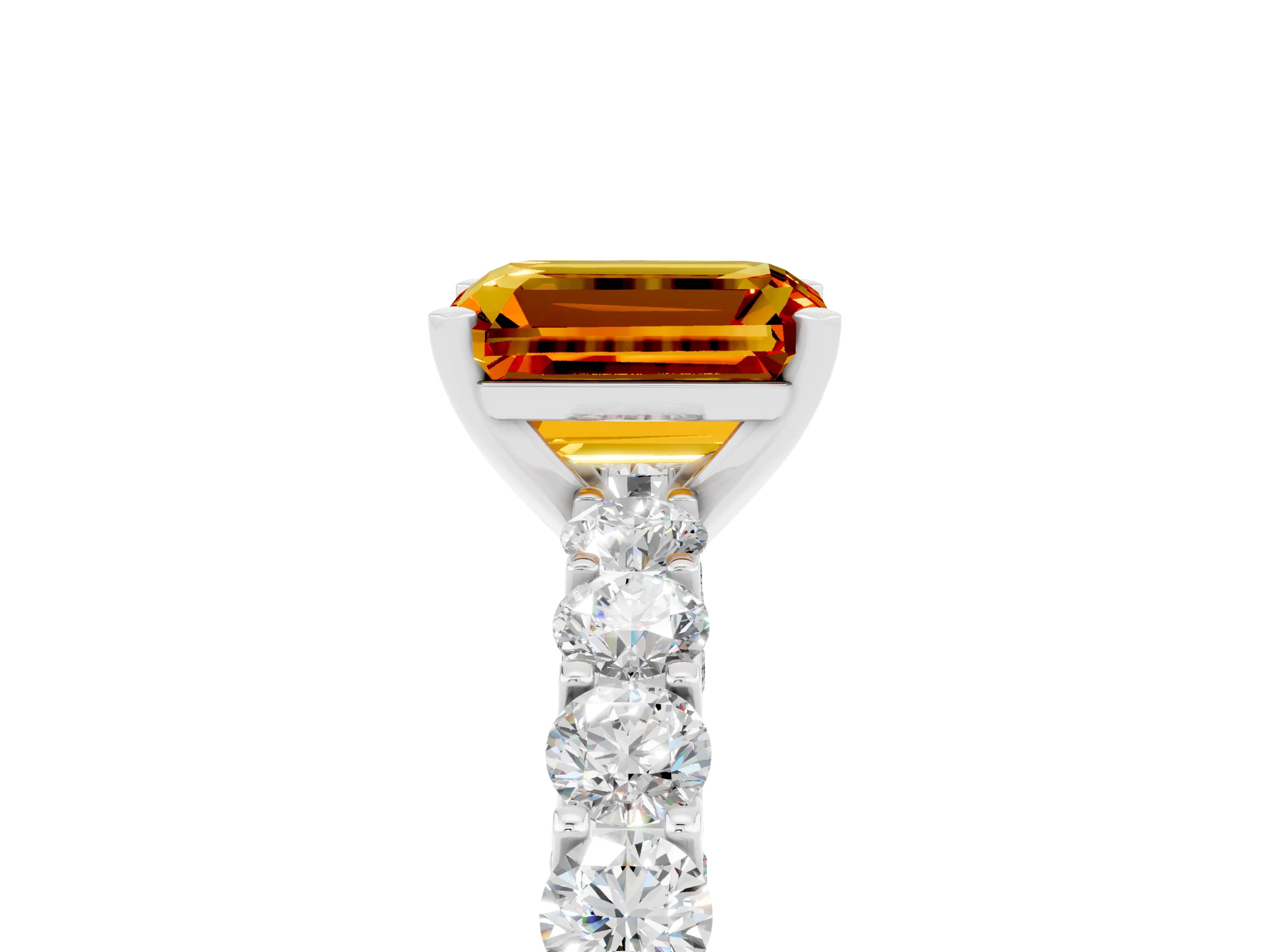 White gold Emerald Cut Citrine Solitaire Ring with Shared Prong Pavé Band and Four-Prong Setting_5