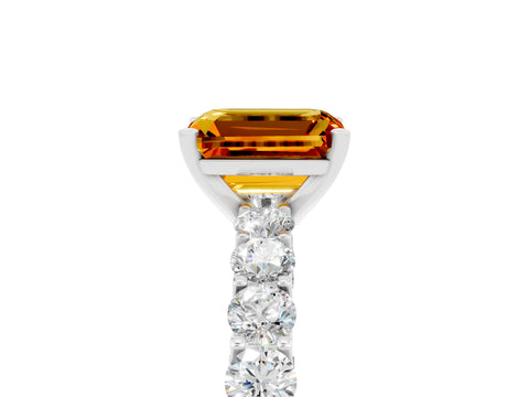 White gold Emerald Cut Citrine Solitaire Ring with Shared Prong Pavé Band and Four-Prong Setting_5