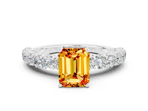 White gold Emerald Cut Citrine Solitaire Ring with Shared Prong Pavé Band and Four-Prong Setting