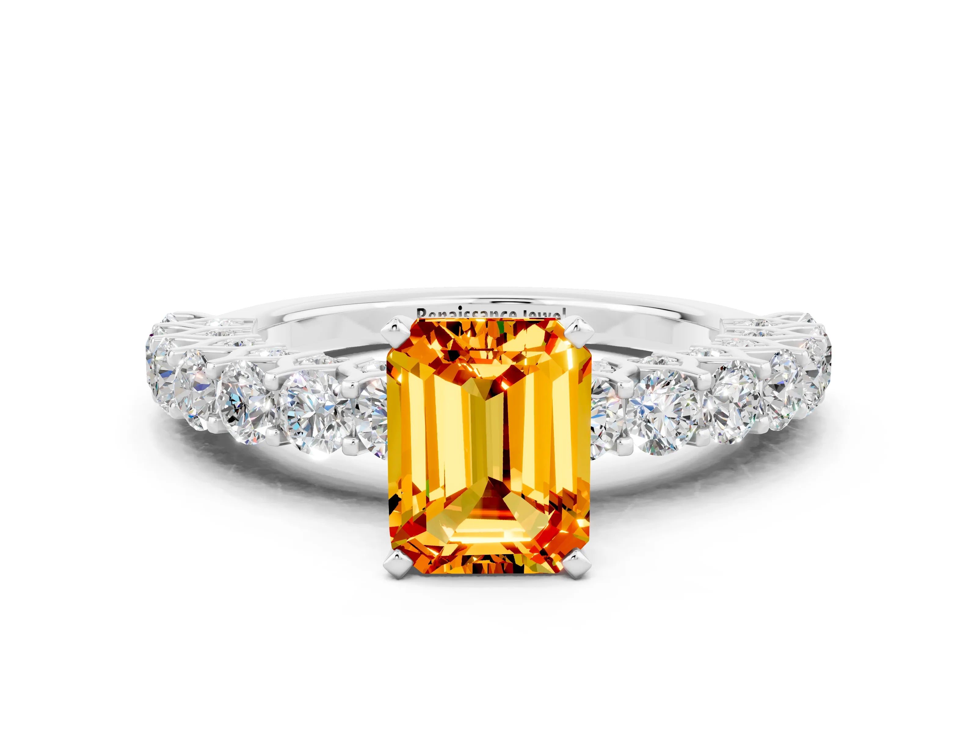 White gold Emerald Cut Citrine Solitaire Ring with Shared Prong Pavé Band and Four-Prong Setting