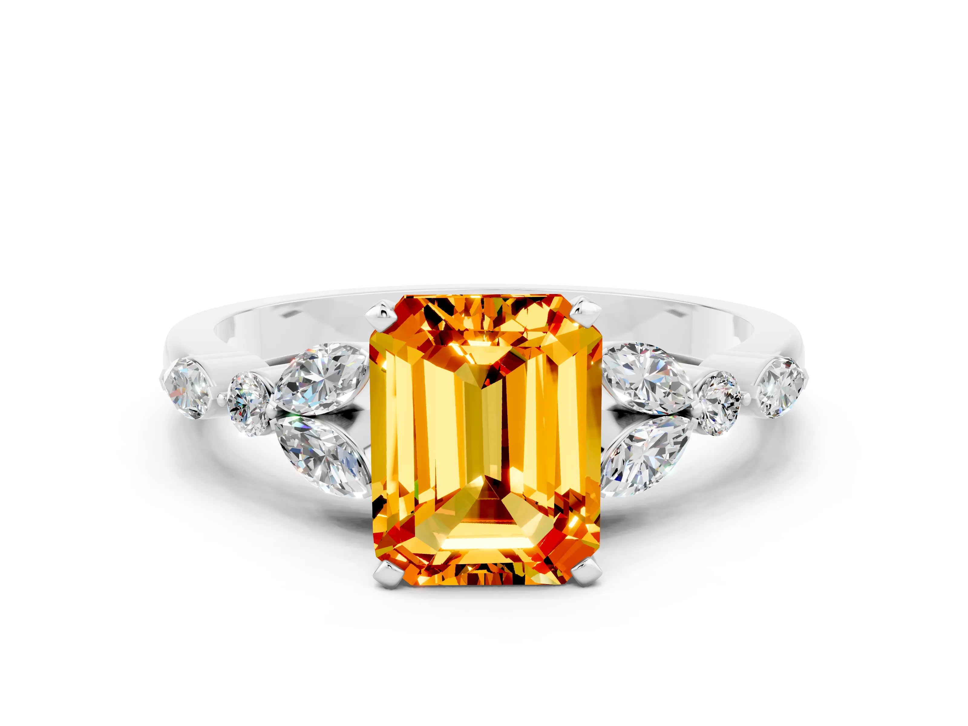 White gold Emerald Cut Citrine Solitaire Ring with Side Stones and Four-Prong Setting_12